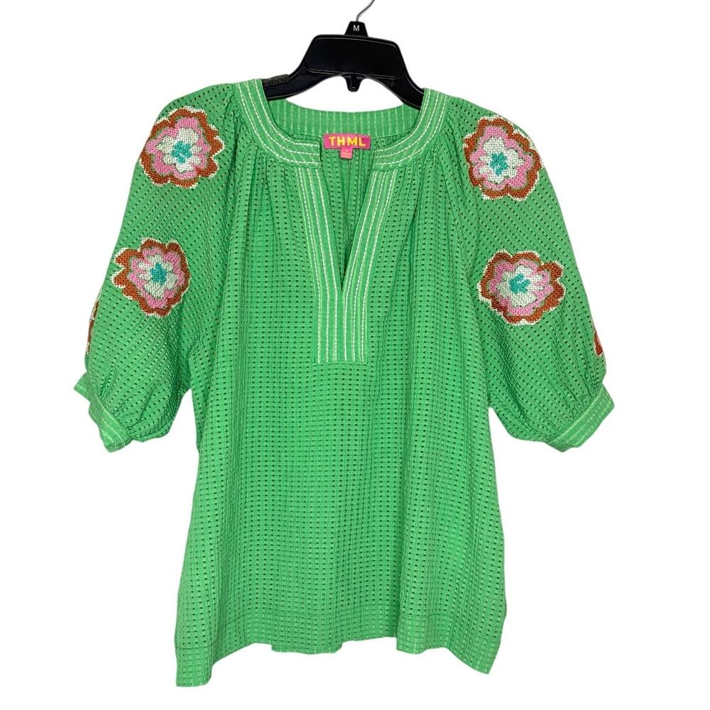 THML Embroidered Puff Sleeve V Neck Top Sz M Boho Peasant Cottage Preppy